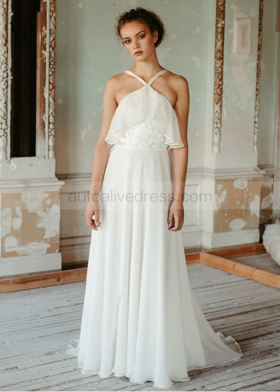 Halter Neck Ivory Embroidered Lace Chiffon Woodland Wedding Dress